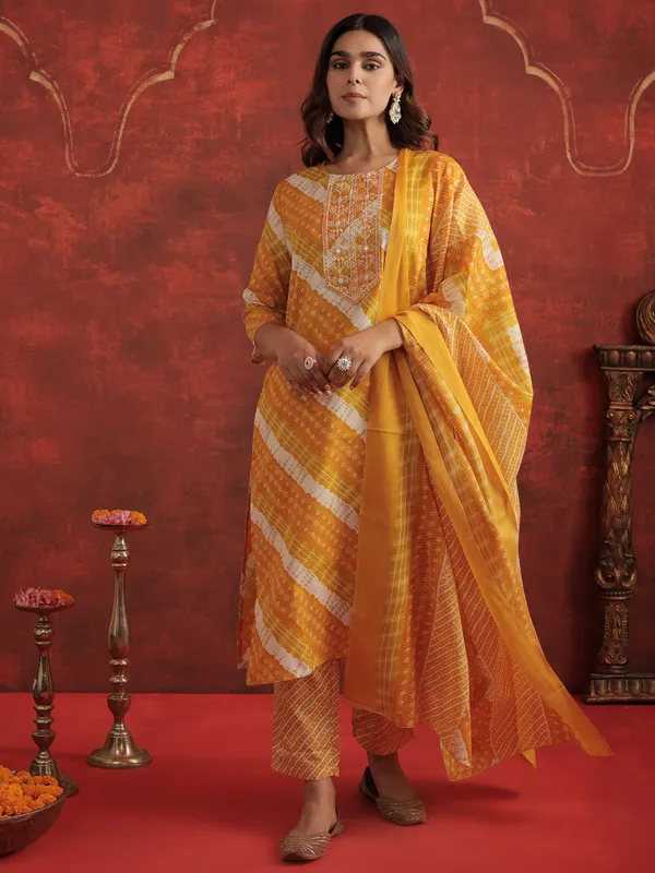 Mustard_Printed_Pure_Cotton_Kurta_Trouser_Dupatta_Set