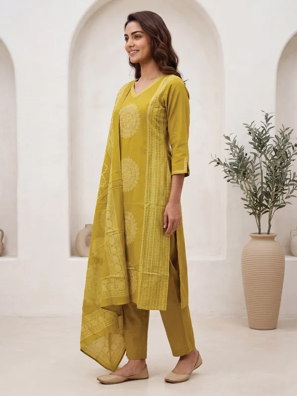 Mustard_Printed_Pure_Cotton_Kurta_Trouser_Dupatta_Set