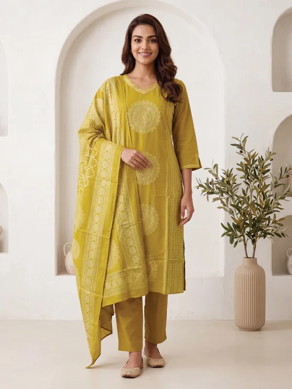 Mustard_Printed_Pure_Cotton_Kurta_Trouser_Dupatta_Set