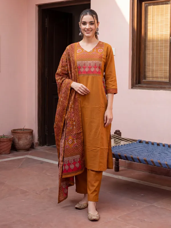 Mustard_Printed_Pure_Cotton_Kurta_Trouser_Dupatta_Set