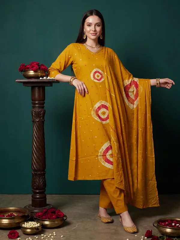 Mustard_Printed_Pure_Cotton_Kurta_Trouser_Dupatta_Set