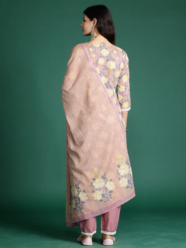 Mauve_Printed_Pure_Cotton_Kurta_Trouser_Dupatta_Set