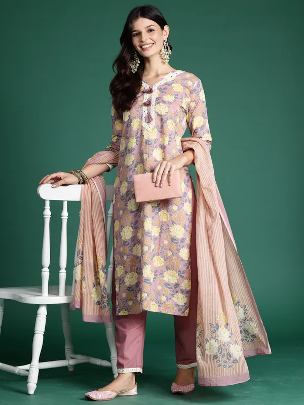 Mauve_Printed_Pure_Cotton_Kurta_Trouser_Dupatta_Set