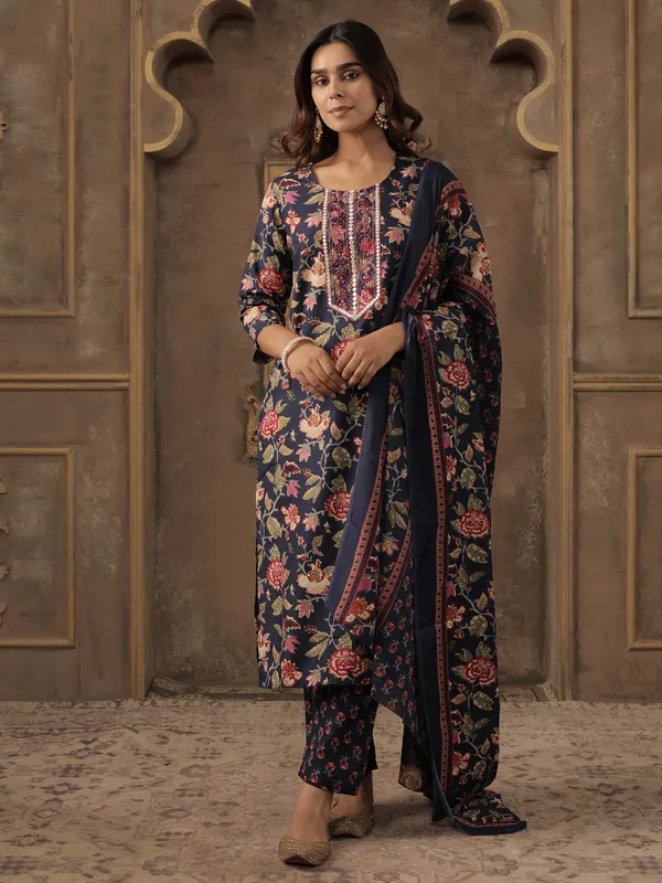 Navy_Blue_Embroidered_Cotton_Blend_Kurta_Trouser_Dupatta_Set