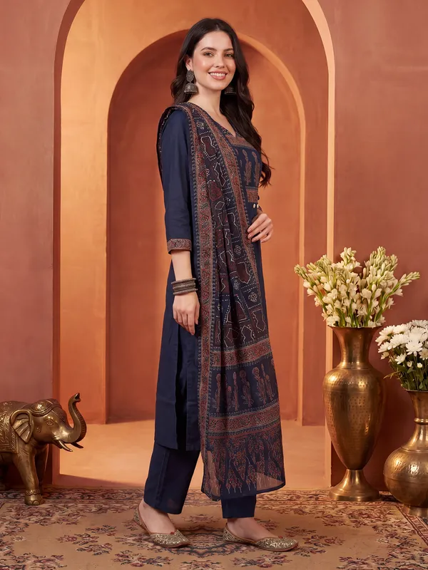 Navy_Blue_Printed_Pure_Cotton_Kurta_Trouser_Dupatta_Set
