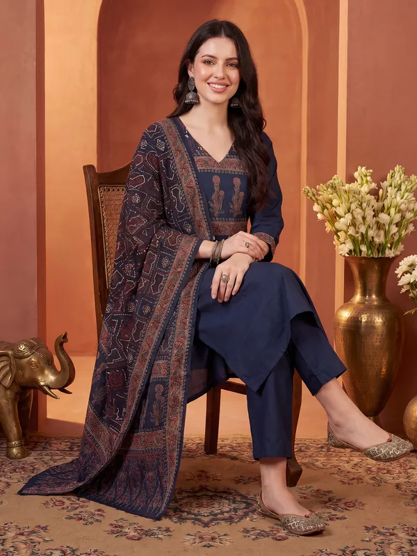 Navy_Blue_Printed_Pure_Cotton_Kurta_Trouser_Dupatta_Set