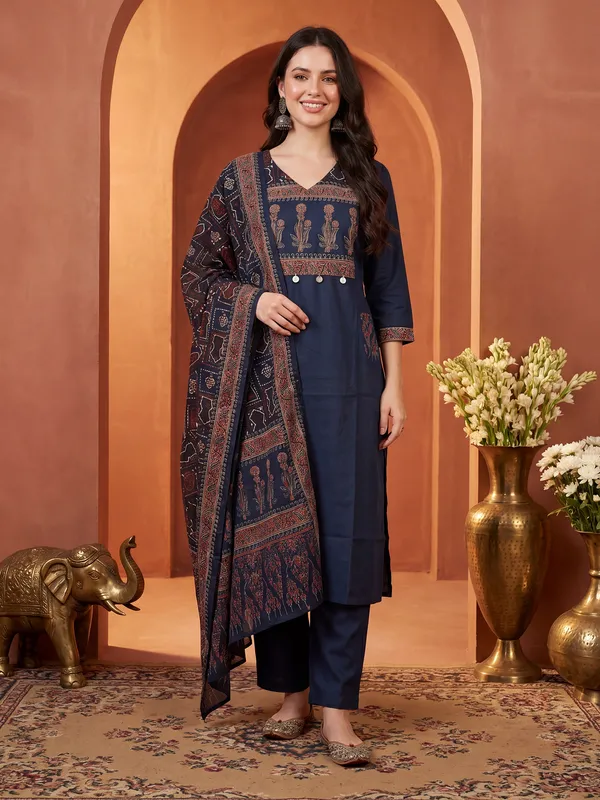 Navy_Blue_Printed_Pure_Cotton_Kurta_Trouser_Dupatta_Set