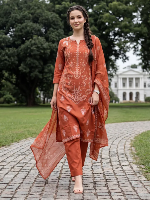 Orange_Printed_Pure_Cotton_Kurta_Trouser_Dupatta_Set