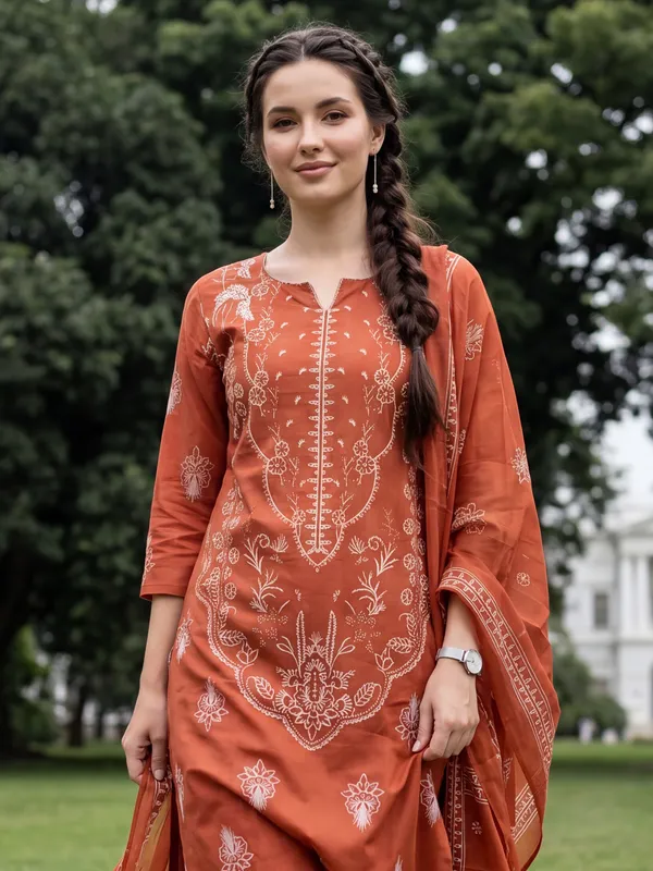 Orange_Printed_Pure_Cotton_Kurta_Trouser_Dupatta_Set