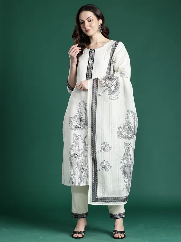 White_Printed_Linen_Kurta_Trouser_Dupatta_Set