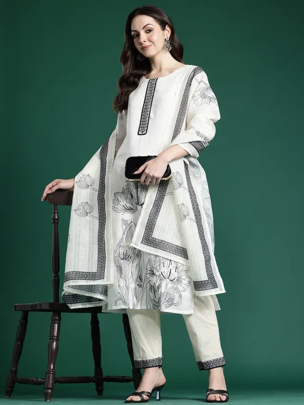 White_Printed_Linen_Kurta_Trouser_Dupatta_Set