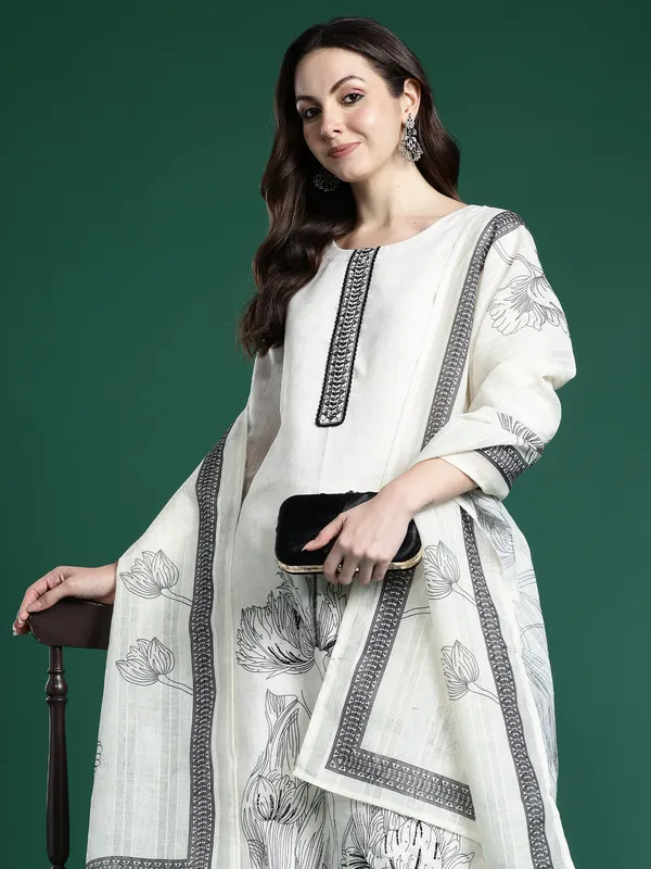 White_Printed_Linen_Kurta_Trouser_Dupatta_Set
