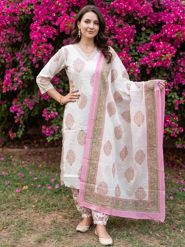 Off_White_Printed_Pure_Cotton_Kurta_Trouser_Dupatta_Set