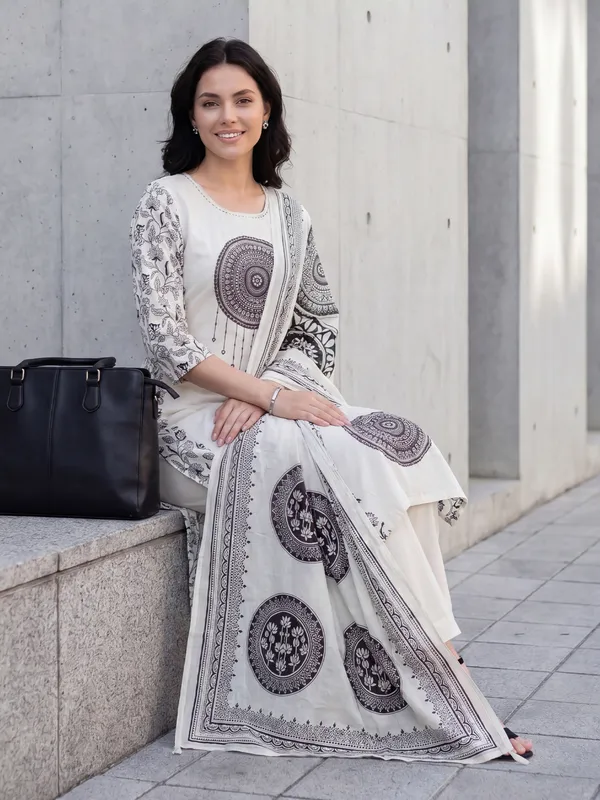 Off_White_Printed_Pure_Cotton_Kurta_Trouser_Dupatta_Set