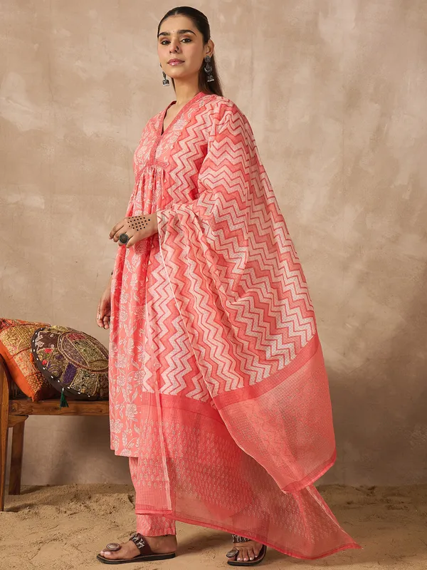 Peach_Printed_Pure_Cotton_Kurta_Trouser_Dupatta_Set