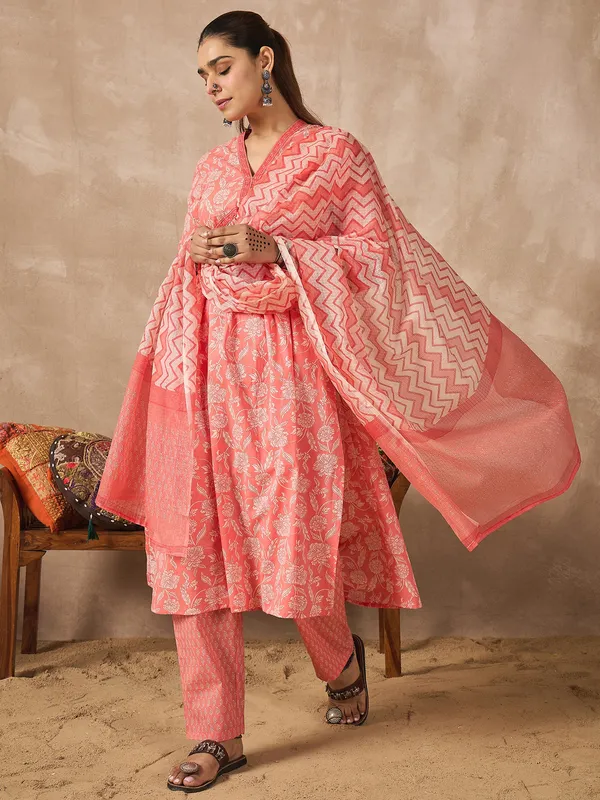 Peach_Printed_Pure_Cotton_Kurta_Trouser_Dupatta_Set
