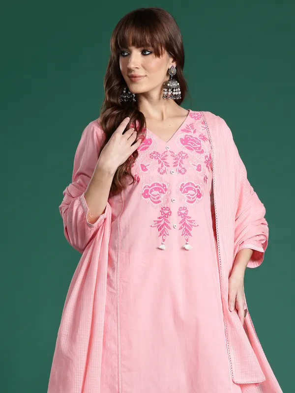Pink_Embroidered_Pure_Cotton_Kurta_Trouser_Dupatta_Set
