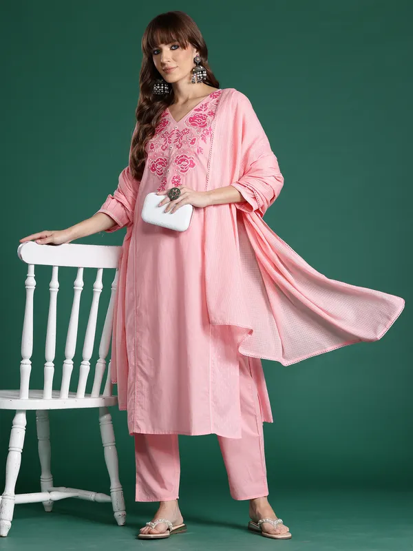 Pink_Embroidered_Pure_Cotton_Kurta_Trouser_Dupatta_Set