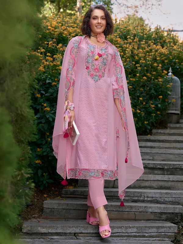 Pink_Embroidered_Pure_Cotton_Kurta_Trouser_Dupatta_Set