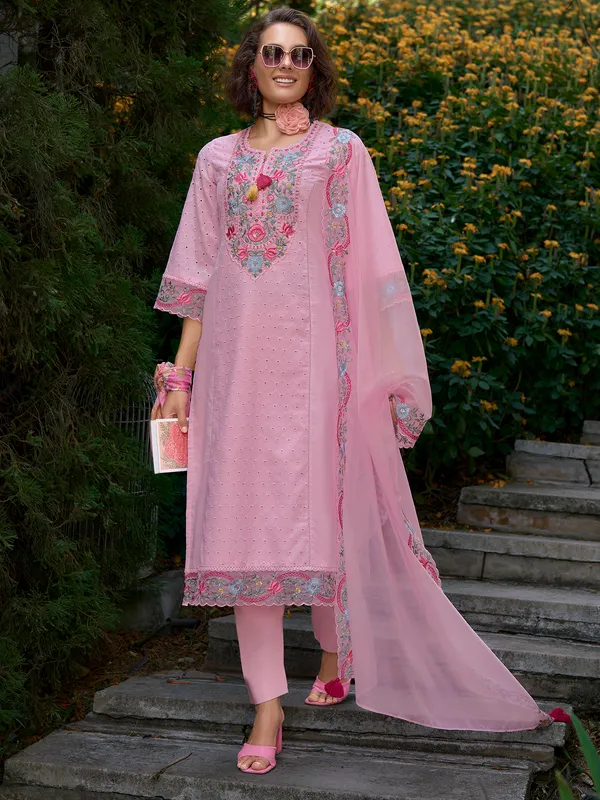 Pink_Embroidered_Pure_Cotton_Kurta_Trouser_Dupatta_Set