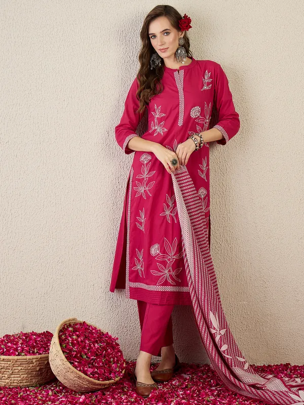 Pink_Pure_Cotton_Embroidered_Kurta_Trouser_Dupatta_Set