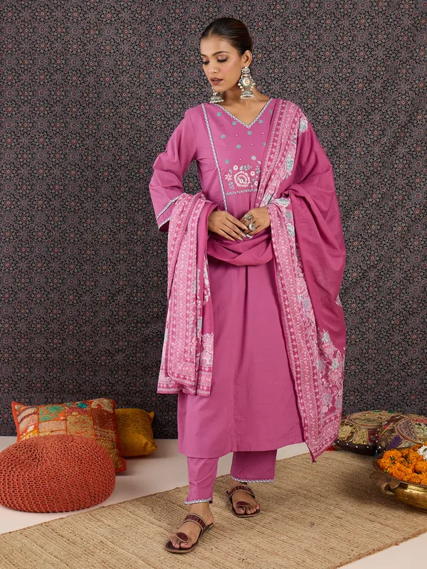 Pink_Pure_Cotton_Embroidered_Kurta_Trouser_Dupatta_Set