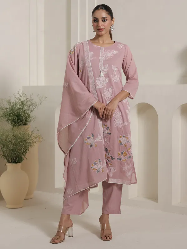 Pink_Pure_Cotton_Embroidered_Kurta_Trouser_Dupatta_Set