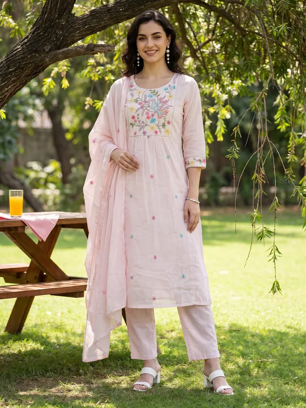 Pink_Embroidered_Pure_Cotton_Kurta_Trouser_Dupatta_Set