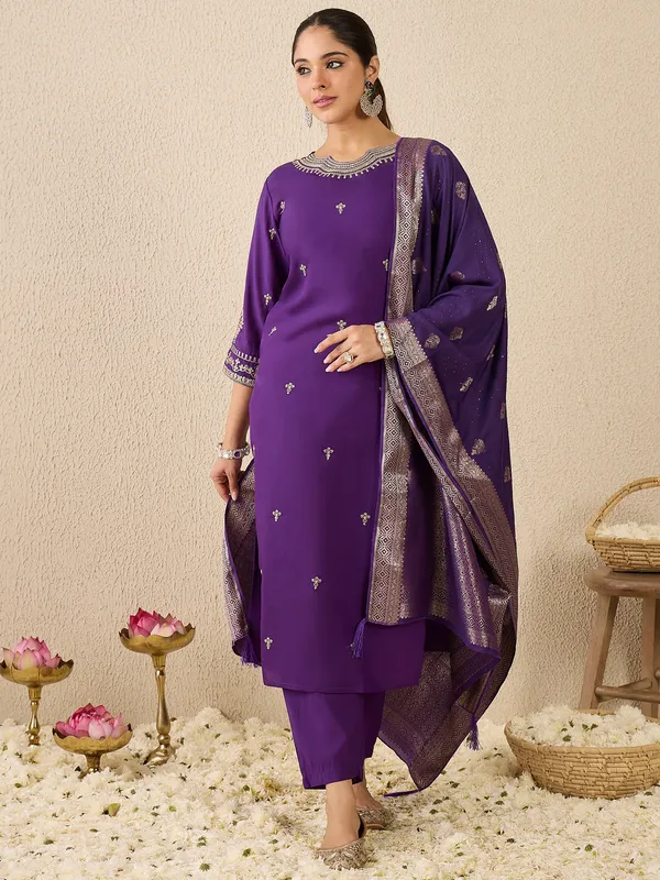 Purple_Embroidered_Silk_Blend_Kurta_Trouser_Dupatta_Set