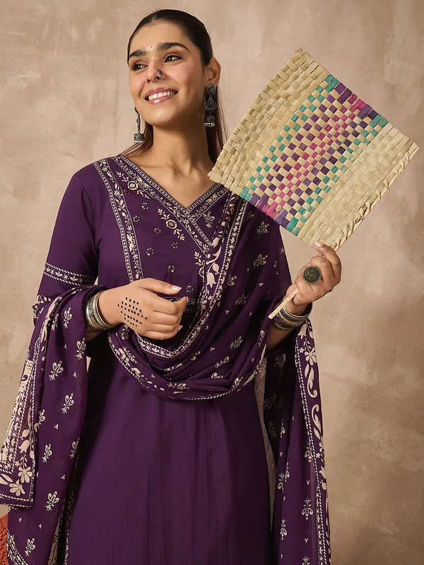 Purple_Printed_Pure_Cotton_Kurta_Trouser_Dupatta_Set