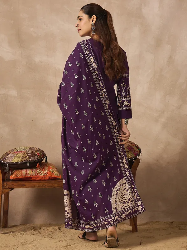 Purple_Printed_Pure_Cotton_Kurta_Trouser_Dupatta_Set