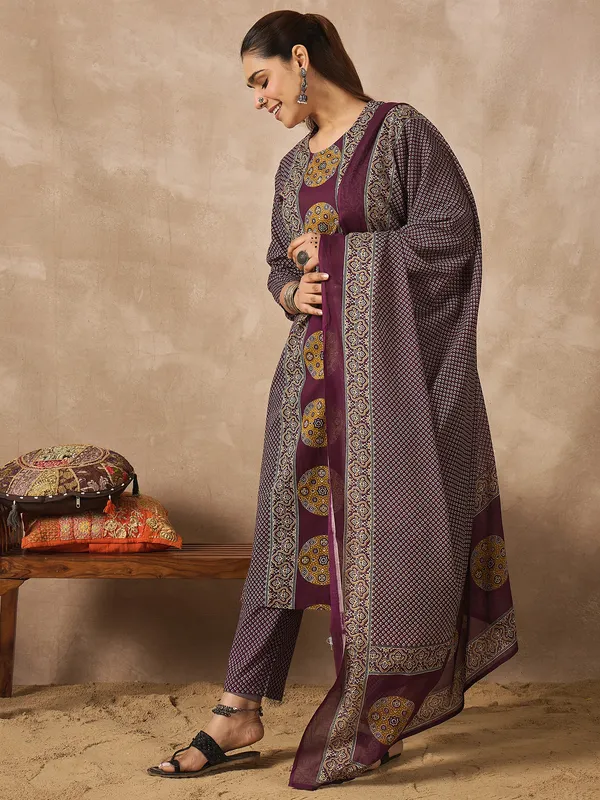 Purple_Printed_Pure_Cotton_Kurta_Trouser_Dupatta_Set