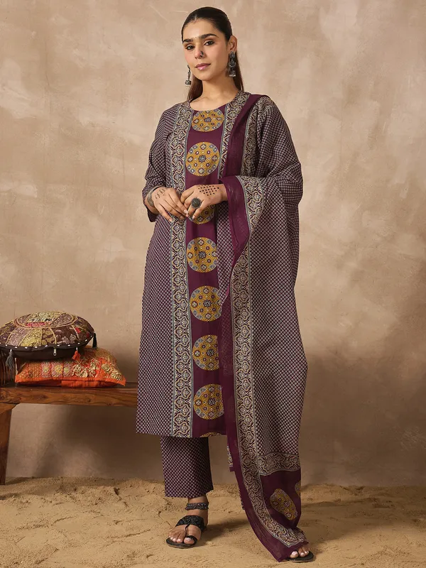 Purple_Printed_Pure_Cotton_Kurta_Trouser_Dupatta_Set