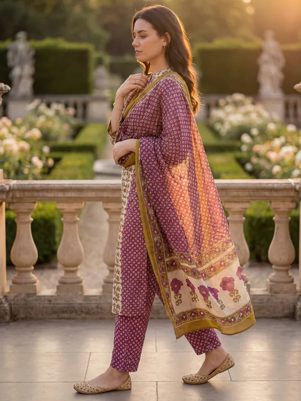 Purple_Pure_Cotton_Printed_Kurta_Trouser_Dupatta_Set