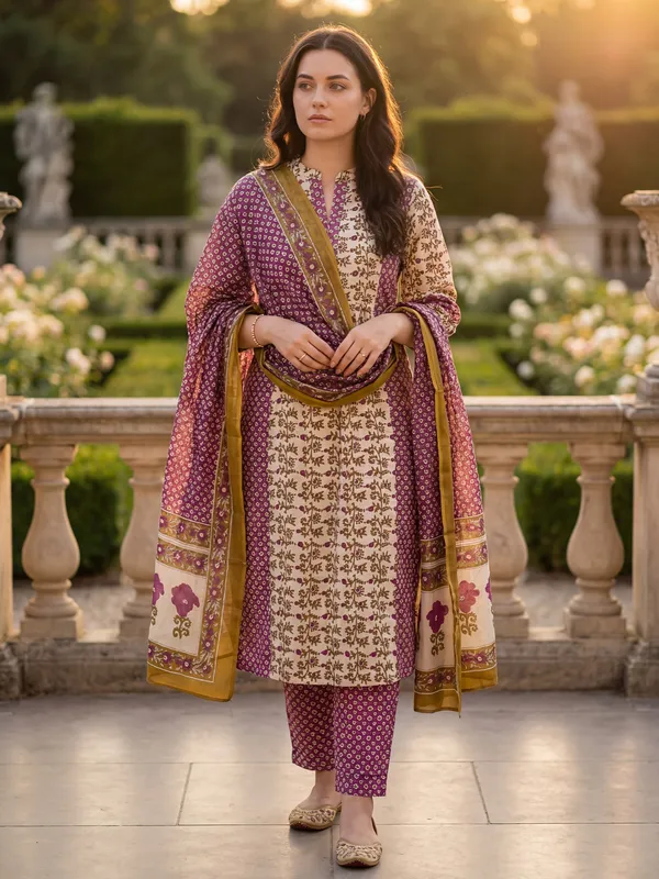 Purple_Pure_Cotton_Printed_Kurta_Trouser_Dupatta_Set