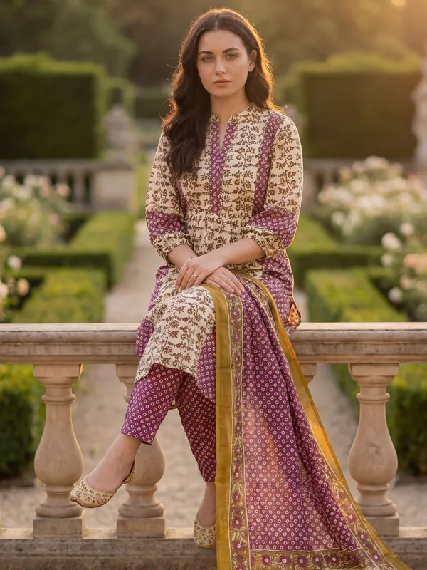 Purple_Pure_Cotton_Printed_Kurta_Trouser_Dupatta_Set