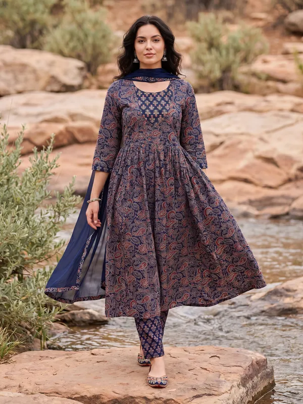 Purple_Printed_Pure_Cotton_Kurta_Trouser_Dupatta_Set