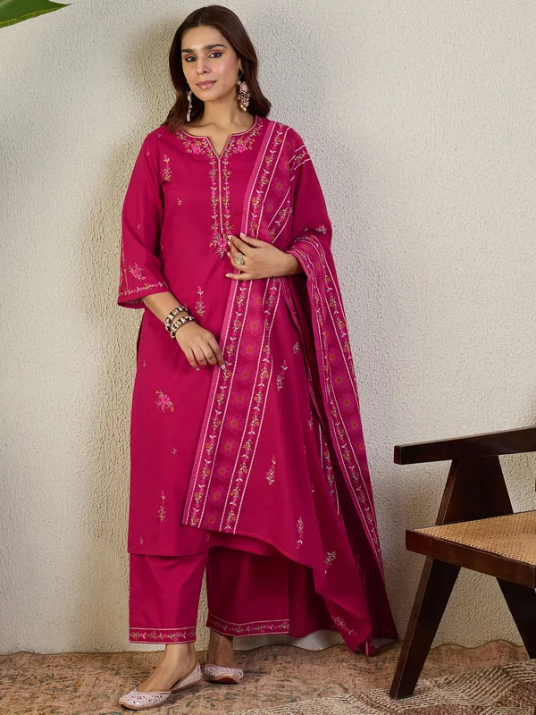 Pink_Embroidered_Pure_Cotton_Kurta_Trouser_Dupatta_Set