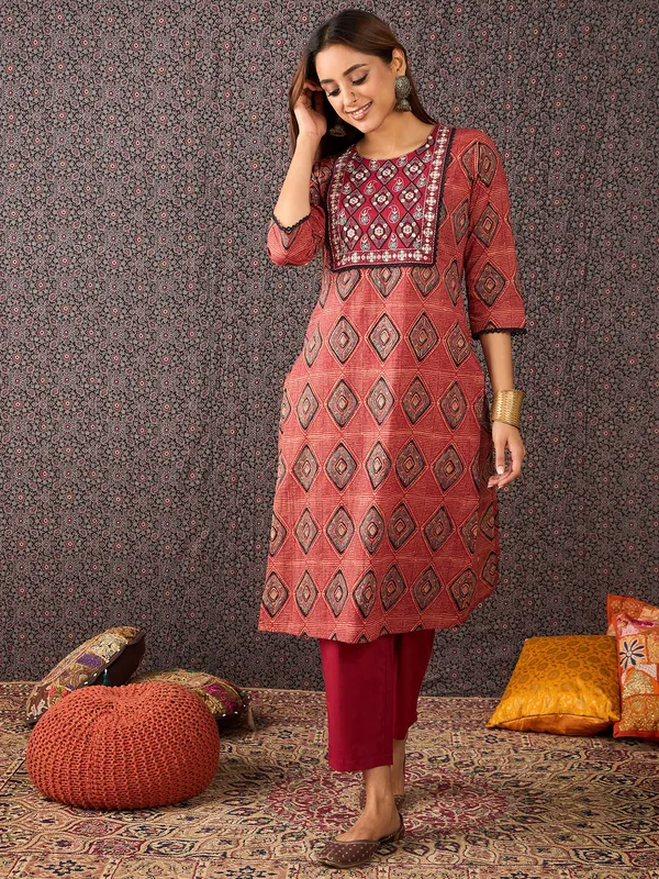Orange_Printed_Pure_Cotton_Kurta_Trouser_Dupatta_Set