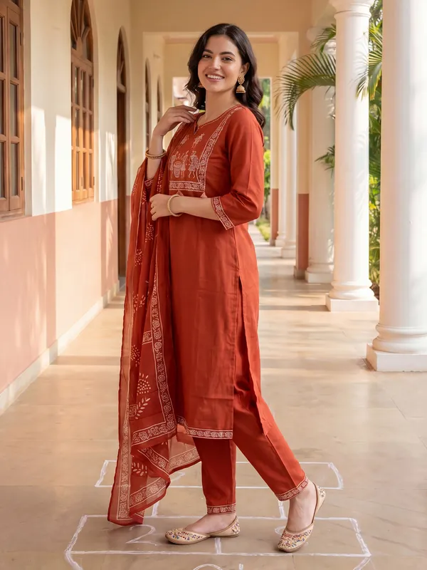 Orange_Printed_Pure_Cotton_Kurta_Trouser_Dupatta_Set