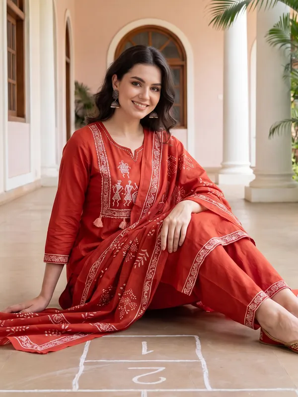 Orange_Printed_Pure_Cotton_Kurta_Trouser_Dupatta_Set