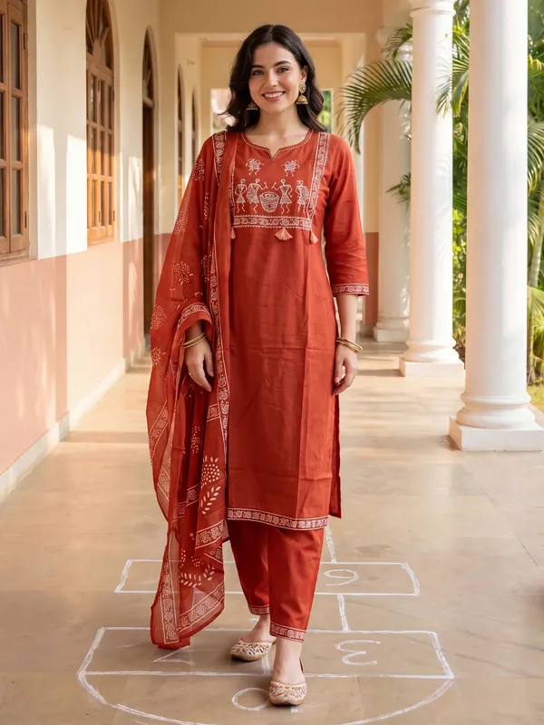 Orange_Printed_Pure_Cotton_Kurta_Trouser_Dupatta_Set