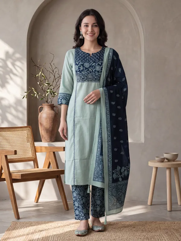 Sea_Green_Printed_Pure_Cotton_Kurta_Trouser_Dupatta_Set