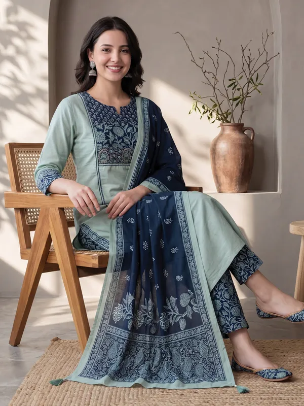 Sea_Green_Printed_Pure_Cotton_Kurta_Trouser_Dupatta_Set