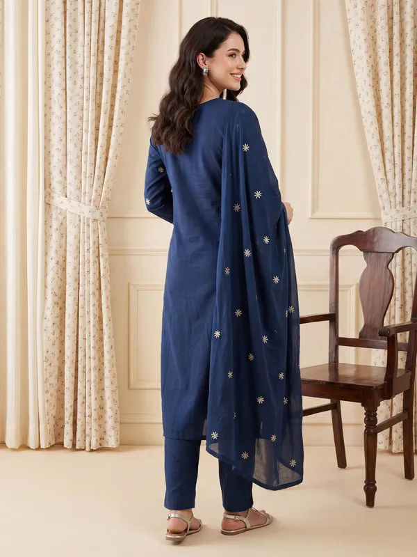 Teal_Embroidered_Pure_Cotton_Kurta_Trouser_Dupatta_Set