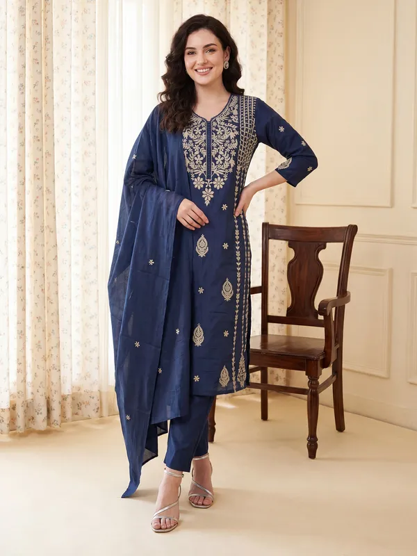 Teal_Embroidered_Pure_Cotton_Kurta_Trouser_Dupatta_Set