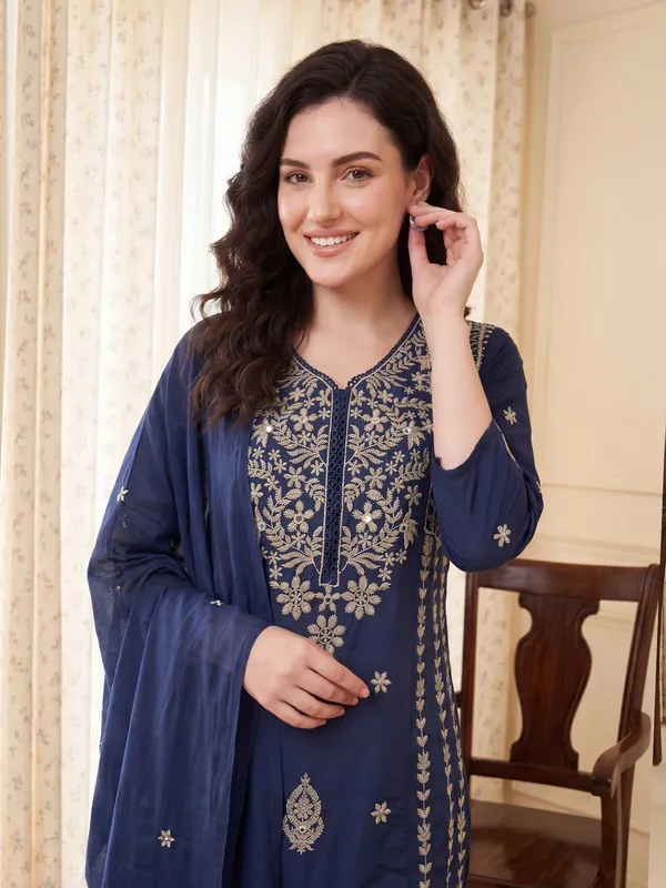 Teal_Embroidered_Pure_Cotton_Kurta_Trouser_Dupatta_Set
