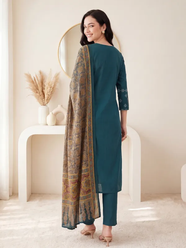 Teal_Embroidered_Pure_Cotton_Kurta_Trouser_Dupatta_Set