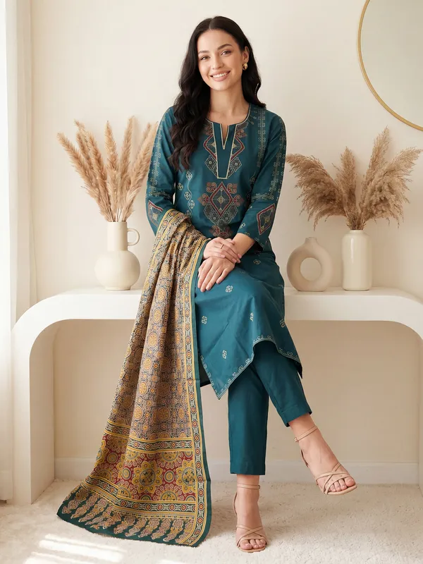 Teal_Embroidered_Pure_Cotton_Kurta_Trouser_Dupatta_Set