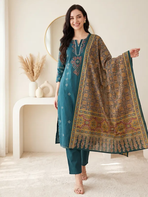 Teal_Embroidered_Pure_Cotton_Kurta_Trouser_Dupatta_Set